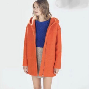 Zara Trafaluc Orange Wool Blend Hooded Coat, Small